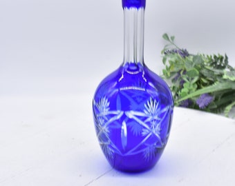 Vintage Cobalt Blue Cut to Clear Bohemian  Decanter with Stopper