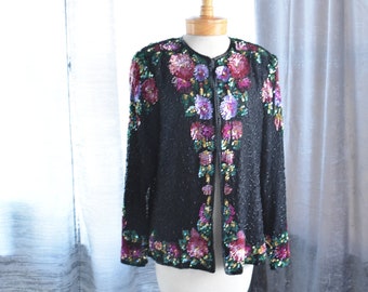 Chaqueta de Lentejuelas Florales de Rosas de Seda Negra