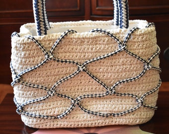 Vintage White and Blue Woven Raffia  Handbag - Made In Japan