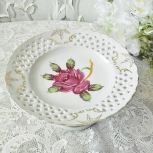 Vintage White porcelain flowers design gold trimmed mini cake plate on pedestal, Japan, Hand Painted China, #01082020