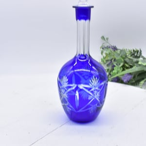 Vintage Cobalt Blue Cut to Clear Bohemian  Decanter with Stopper