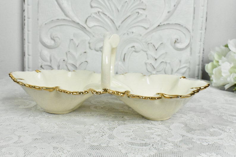 Ceramic Handled Leaf Candy Dish White and Gold Vintage Etsy