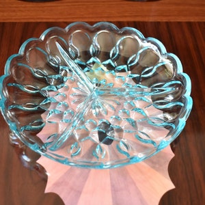 Turquoise Blue Glass, Vintage Blue Glass Divided Serving Dish, #031922