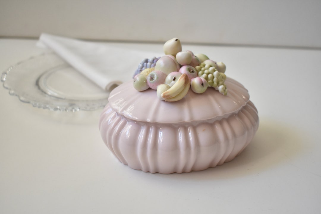 Ceramic Pink Decorative Box With Fruits, Vintage Trinket Box, Table
