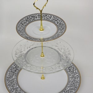 Lovely 3 Tier Cake/Cupcake Stand. Black and White Pattern Tiered Cake Stand. Tea party, Bridal Shower, Baby Shower, Beach Wedding.