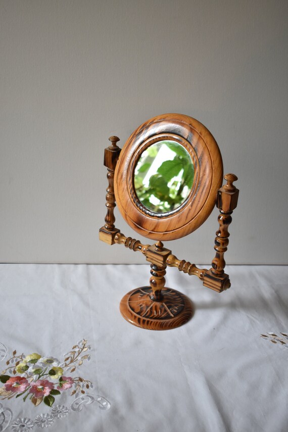 Wood Frame Circle Mirror Vintage Wood Standing Mirror Etsy