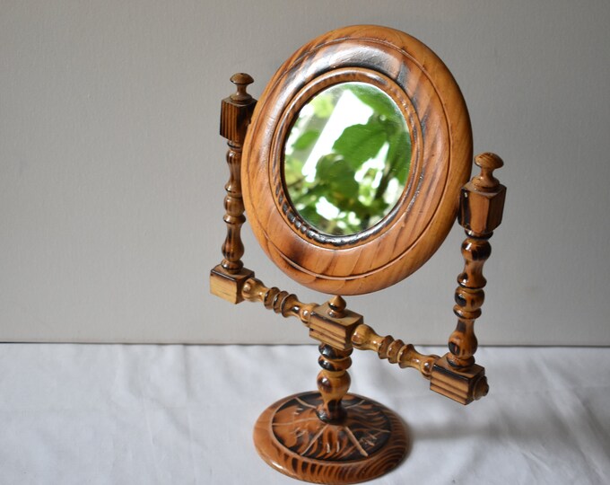 Wood Frame Circle Mirror Vintage Wood Standing Mirror Etsy