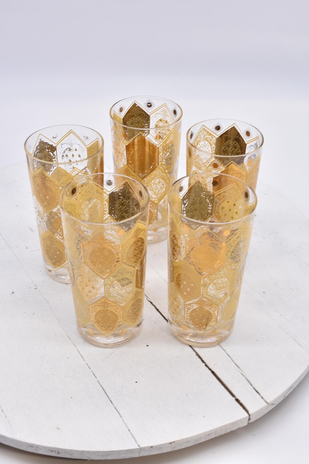 Set De 8 Verres Vintage Ananas Doré 22KT - Avec Porte-verres (cradle) - Occasion Très Bon état