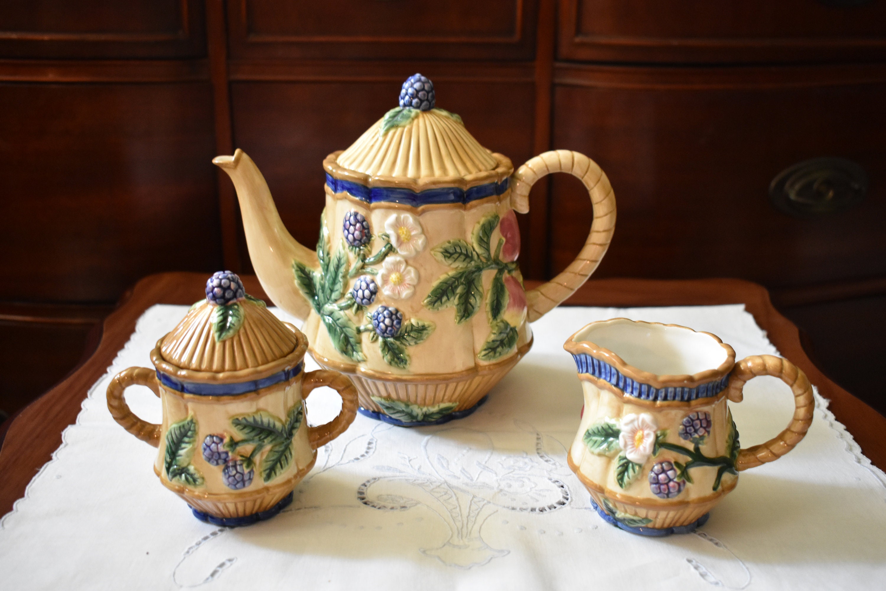 REPAIRED- Fitz & Floyd Tea Set, Teapot, Covered Sugar, Creamer