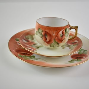 Vintage Orange Black Painted Poppies  Bavaria Dessert Set Tea Cup, Germany Saucer, Dessert Plate Poppy Trio, #070320