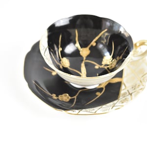 Vintage China tea cup and saucer Made in Japan, Hand Painted black, white and gold, #102020