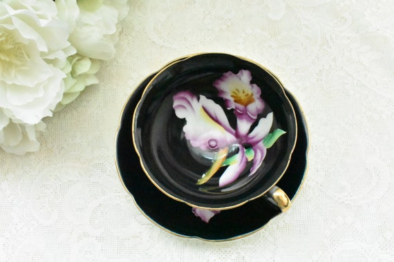 Vintage tea cup and saucer Made in  Japan, Hand Painted black and purple, #11162019