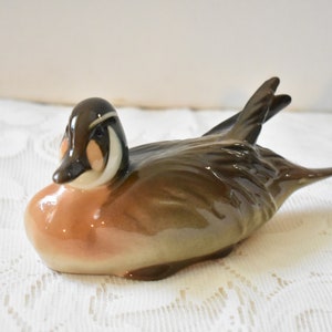 LOMONOSOV RUSSIA, Vintage mallard canvasback duck figurine, porcelain sculpture decoy gift decor, brown bird Geese