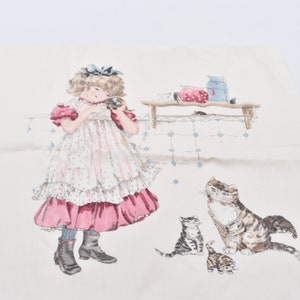 Chica pasada de moda con panel de imagen de gatito, lista para edredón para enmarcar o hacer una almohada, vintage