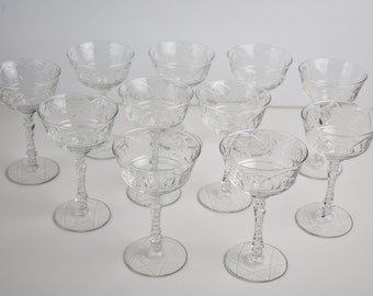 11 vintage champagne stemmed glasses with floral cut design,  Champagne Glasses Vintage Barware, #V15