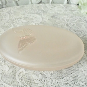 Vintage Frosted Glass with Butterfly Trinket Box Pink Rose Lid,  Vintage Glass Trinket Box, Glass Jewellery Box,