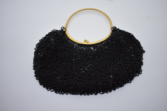 La Regale LTD Vtg Black Beaded Evening Purse Gold like Chain Handmade Prom