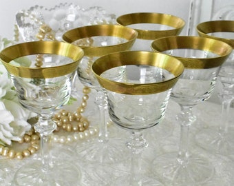 Set of 6 Vintage  Champagne Stemware Crystal Glasses, Gold Encrusted Goblet
