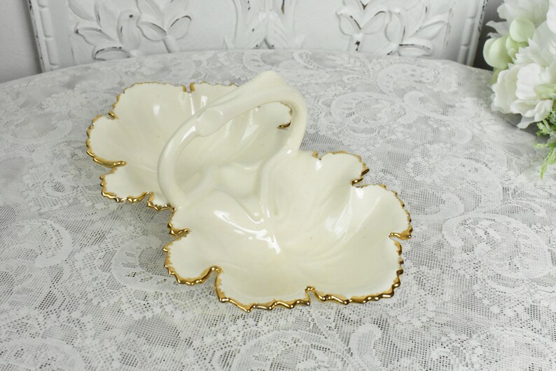 Ceramic Handled Leaf Candy Dish White and Gold Vintage Etsy
