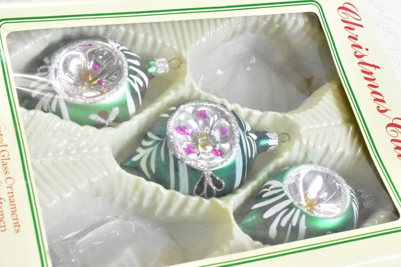 Set of 3 Vintage Hand Decorated Silver Mica Mercury Glass Indent Teardrop Christmas Ornaments Christmas indent ornaments