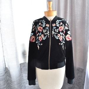 Lucy Paris Black Velvet Flower Zip Up S, Retro style  BOMBER  Jacket