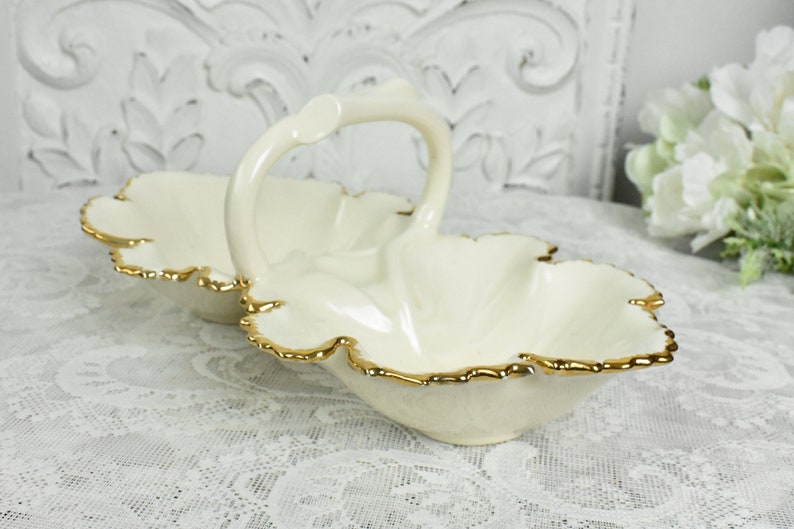Ceramic Handled Leaf Candy Dish White and Gold Vintage Etsy
