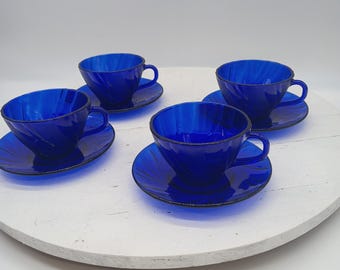 VERECO Duralex Kobalt Blau Rivage SWIRL- Set für 4 Personen, Vintage Frankreich