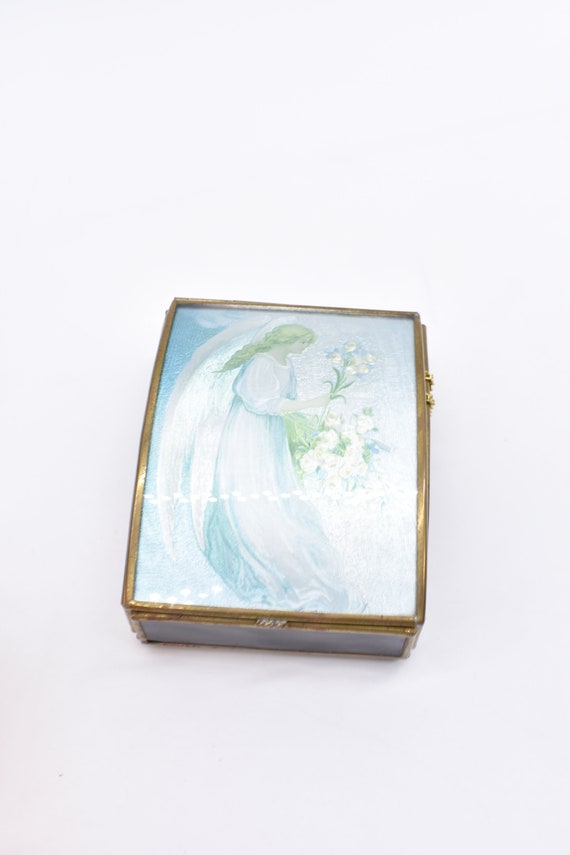 Vintage Glass Trinket Box, Blue Glass Angel Foil A