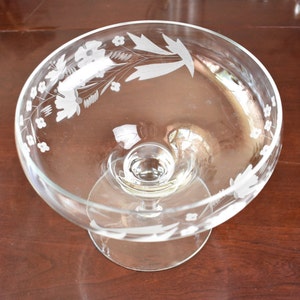 Stemmed compote with white etching and cut flowers, #A3