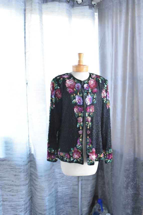 Jacket Black Silk Rose Floral Sequins