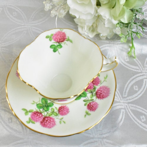 Vintage Hammersley Tea Cup and Saucer, Bone China Tea Cups, Pink Clover Flower, Antique Teacup #0060