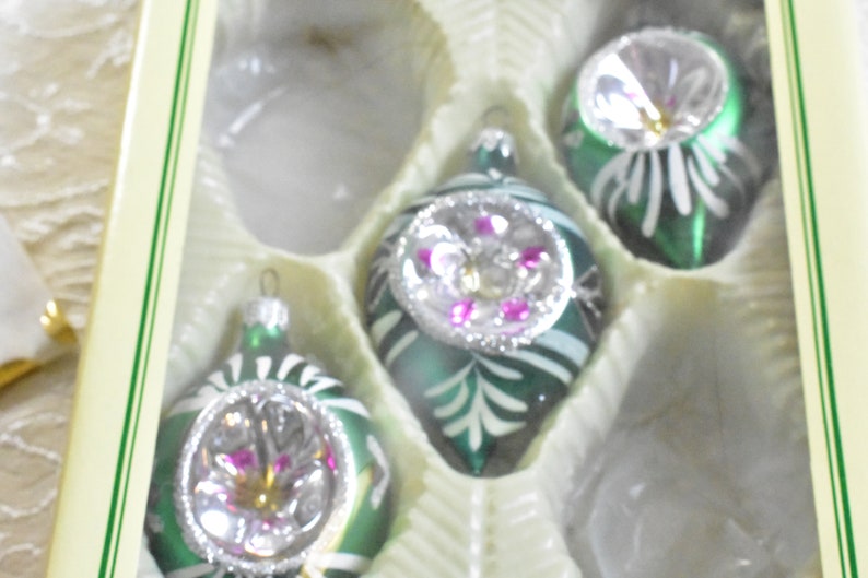 Set of 3 Vintage Hand Decorated Silver Mica Mercury Glass Indent Teardrop Christmas Ornaments Christmas indent ornaments