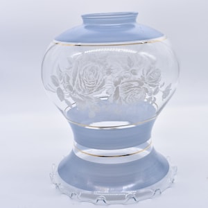 LG Vintage Glass Torchiere Shade With Roses, light blue Glass, White and Gold,