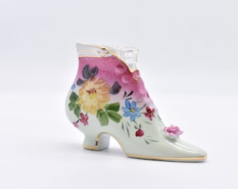 Ladies Victorian Boot -3D Flowers and gold accent, Formalities By Baum Bros Floral Shoe Vase Handpainted And Trimmed 10 KT Gold, #D081922
