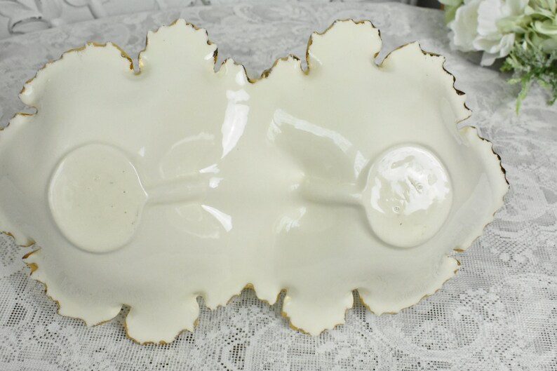 Ceramic Handled Leaf Candy Dish White and Gold Vintage Etsy