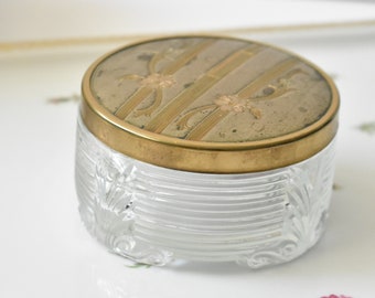 Vanity  Powder Jar, Covered Jar Container Trinket Candy Vanity Box, Glass & brass vanity powder jar, #K52