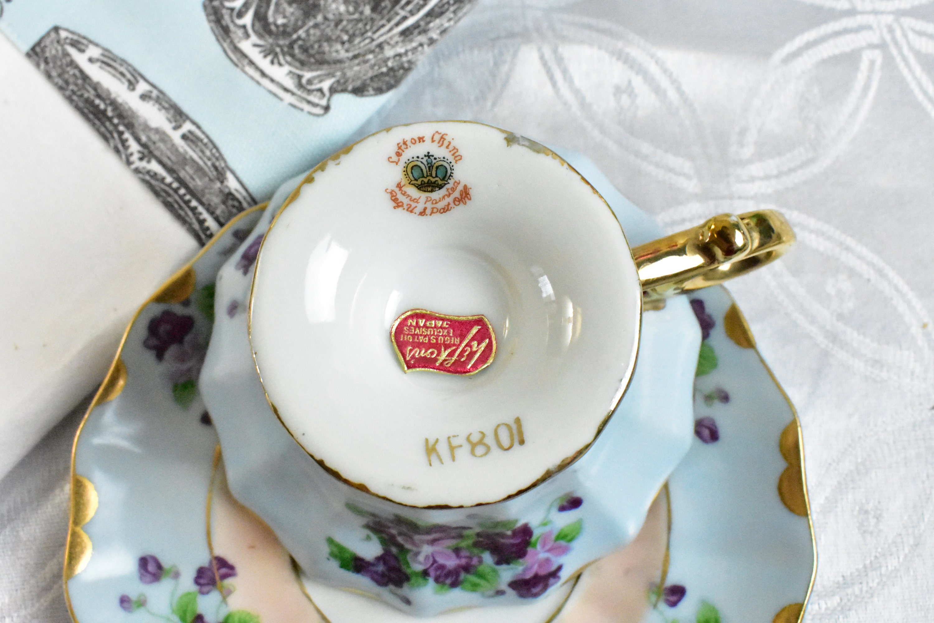 Vintage LEFTON China Tea Cup and Saucer Set Blue & Gold Hand