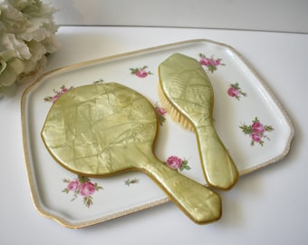 Vintage Green 1920's-1930's Green Pearlized Dresser Vanity Set Art Deco Pyralin Celluloid Lady's Vanity Set, #K52
