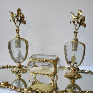 Vintage Gold tone Filigree Dresser Set, Four-piece Vanity Set, Vintage Home Decor, Vintage Beauty Accessories,
