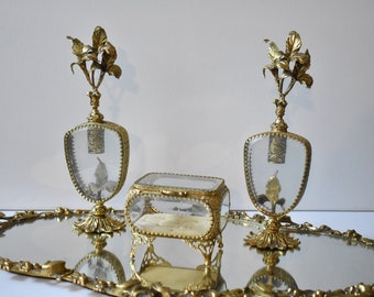 Vintage Gold tone Filigree Dresser Set, Four-piece Vanity Set, Vintage Home Decor, Vintage Beauty Accessories,