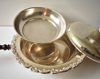 Vintage Silver-plated Chafing Dish with Wooden Handle and Lid