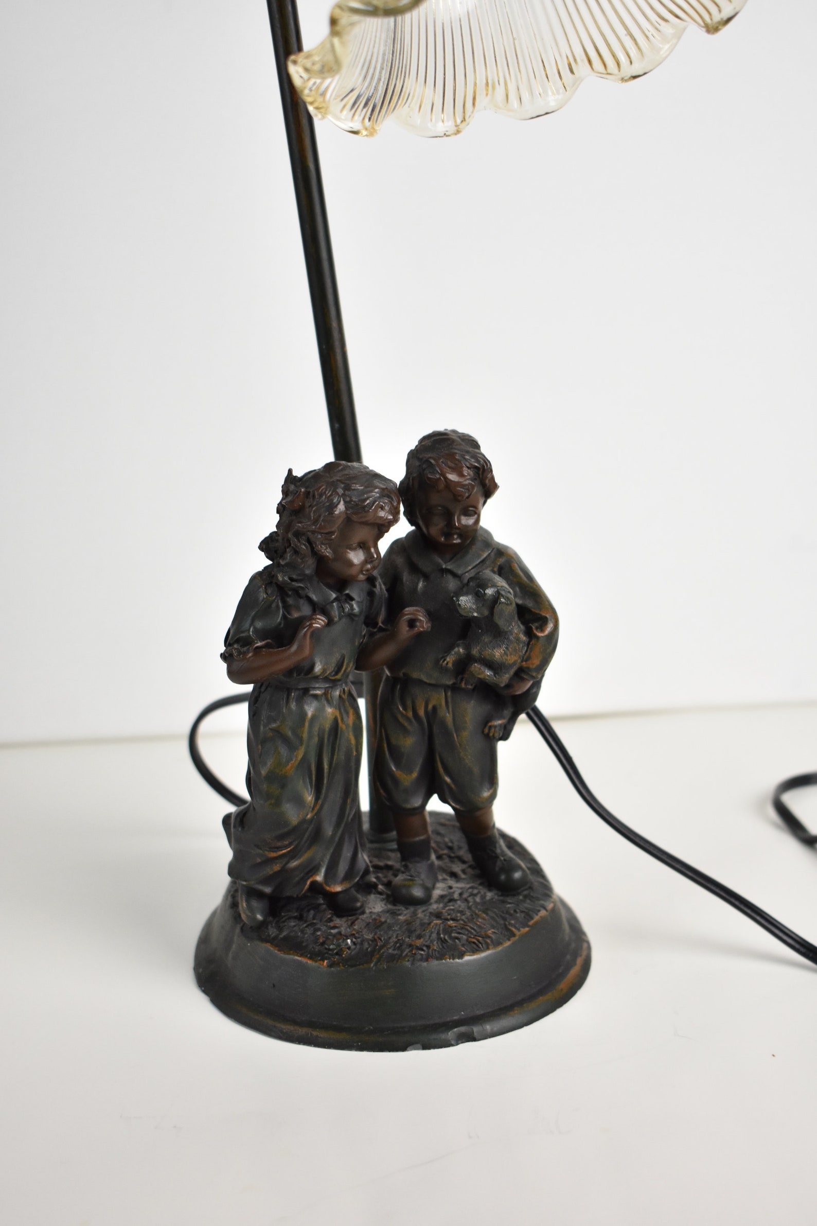 Vintage Brass Bronze Figurine Lamp boy girl and dog Table Etsy