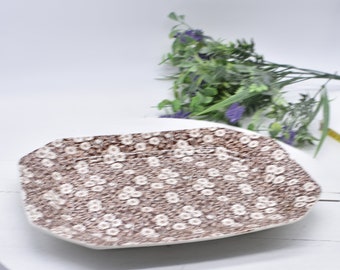 Vintage Calico Brown Staffordshire Floral Hexagon Transferware Platter