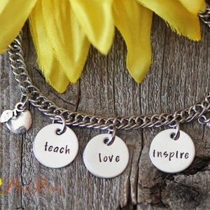 Teach Love Inspire Stainless Charm Bracelet, Student Teacher Gift, Teacher Christmas Gift, Year End, New Teacher Gift, Hand Stamped Discs