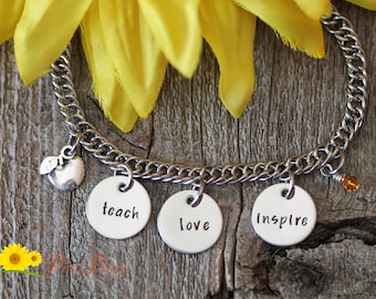 Teach Love Inspire Stainless Charm Bracelet, Student Teacher Gift, Teacher Christmas Gift, Year End, New Teacher Gift, Hand Stamped Discs