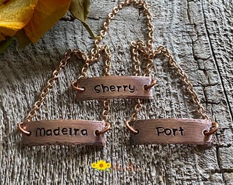 Copper Liquor Bottle Labels, Antiqued Decanter Tags, Hand Stamped Liquor Labels, Custom Liquor Spirits Tag