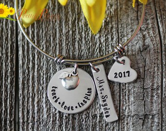 Teach Love Inspire Bangle, Teacher Bracelet, Personalized Teacher Gift, End of the Year, Teacher Jewelry, Hand Stamped, Student Teacher Gift