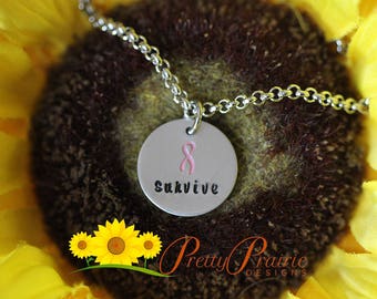 Cancer Survivor Necklace, Breast Cancer Awareness, Cancer Ribbon Necklace, Hand Stamped, Custom Necklace, Breast Cancer Jewelry, Pink Ribbon