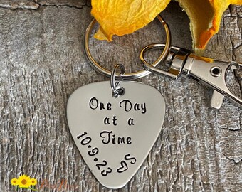 One Day at a Time Sobriety Keychain, Hand Stamped Guitar Pick, Personalized Recovery Gift, Inspirational Keychain