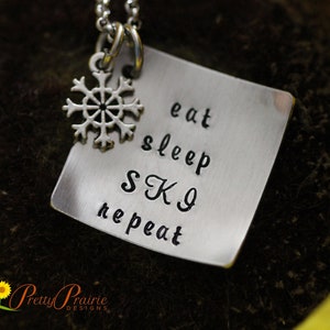 Eat Sleep Ski Repeat Necklace, Ski Lover&#39;s Gift, Ski Jewelry, Hand Stamped, Winter Sport Necklace, Snowflake Charm, Adventure Gift